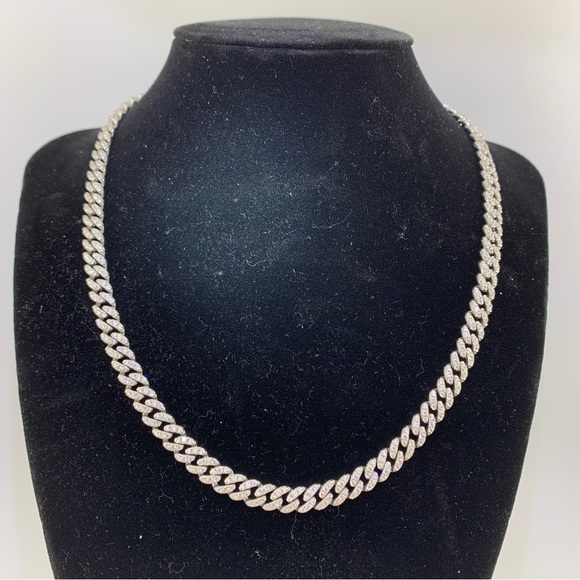 BSI 925 Sterling Reversible Rhinestone Polished Curb Chain Choker Necklace 17" - Picture 13 of 16